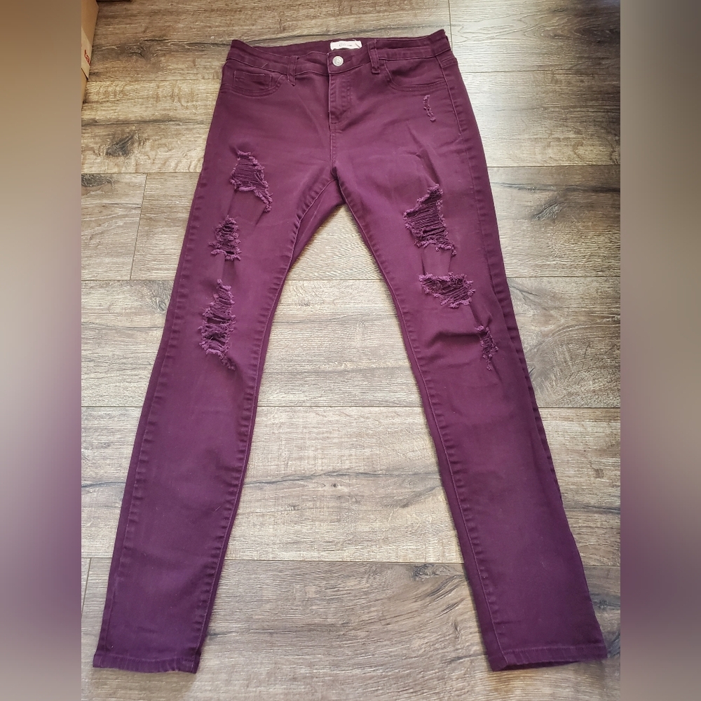 Cello Maroon Distressed Skinny Jeans